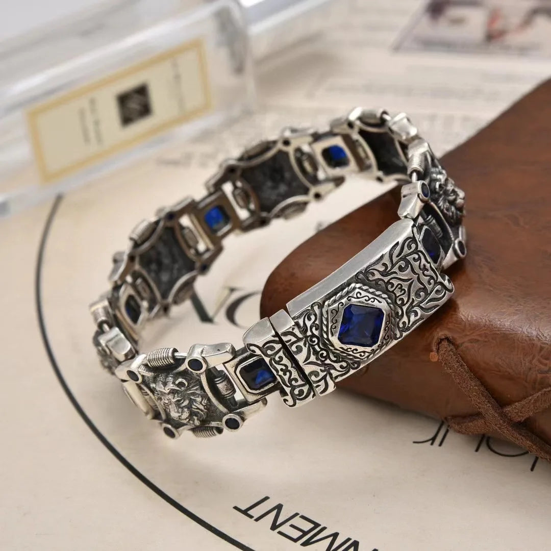 New China-Chic Men's Personality Lion Hegemony Bracelet Wide Edition Blue Diamond Bracelet Jewelry