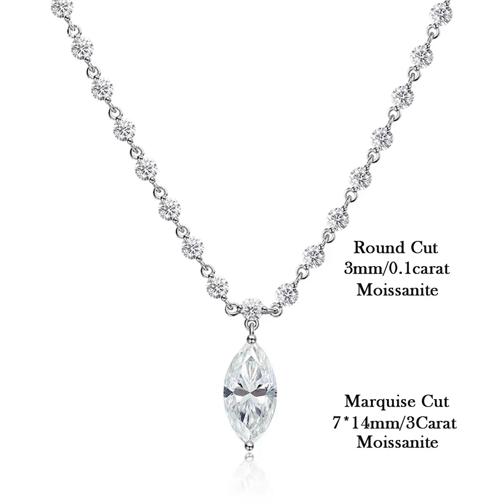 3MM Round Bubble Moissanite Diamond Tennis Neclace With 3carat Marquise Cut Pendant Neck Chain For Women 925 Silver Fine Jewelry