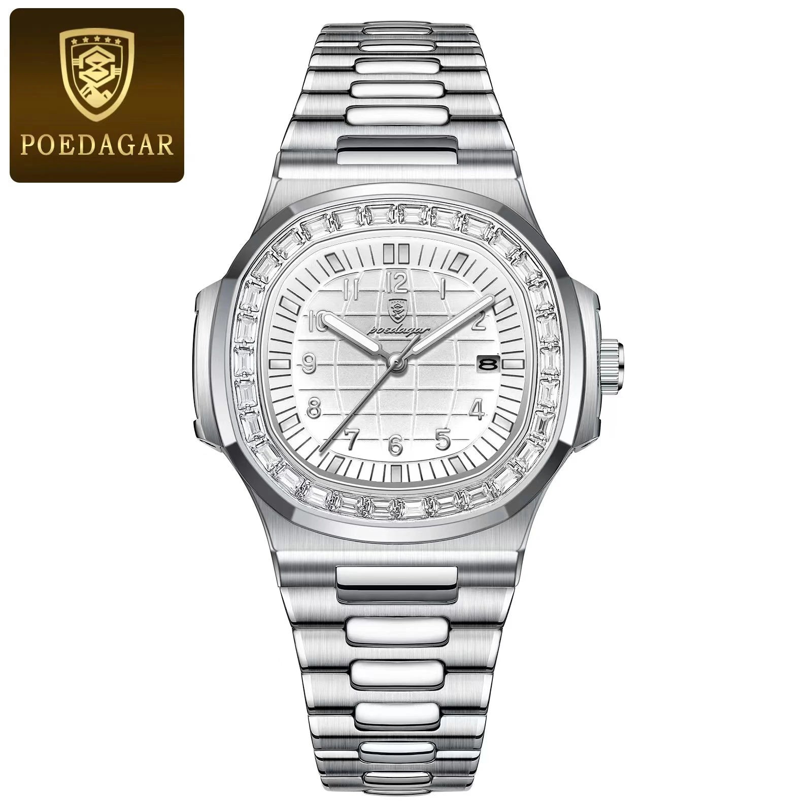 POEDAGAR Luxury Square Watches for Men Waterproof Luminous Date Man Wristwatch Stainless Steel Fashion Men's Quartz Watch Reloj
