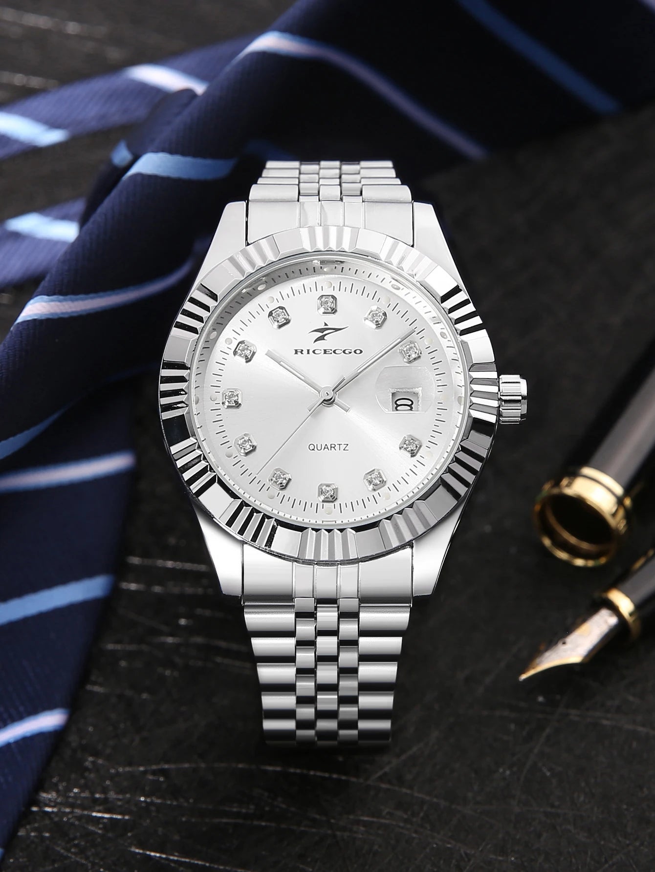 Business men's quartz wristwatch calendar display with diamonds showcases unique taste, making it the perfect gift for him