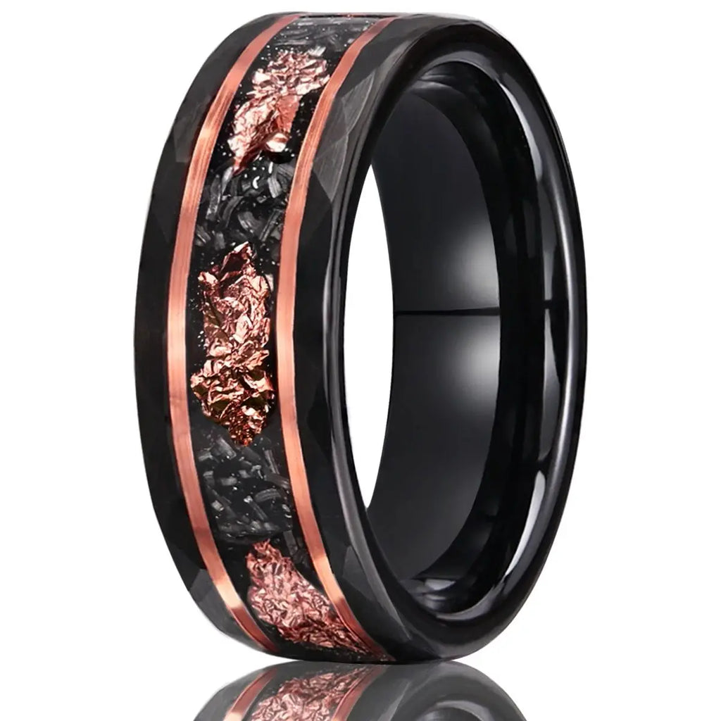 8mm black tungsten carbide ring men's wedding bands inlaid rose gold foil & meteorite fashion jewelry engagement promise rings