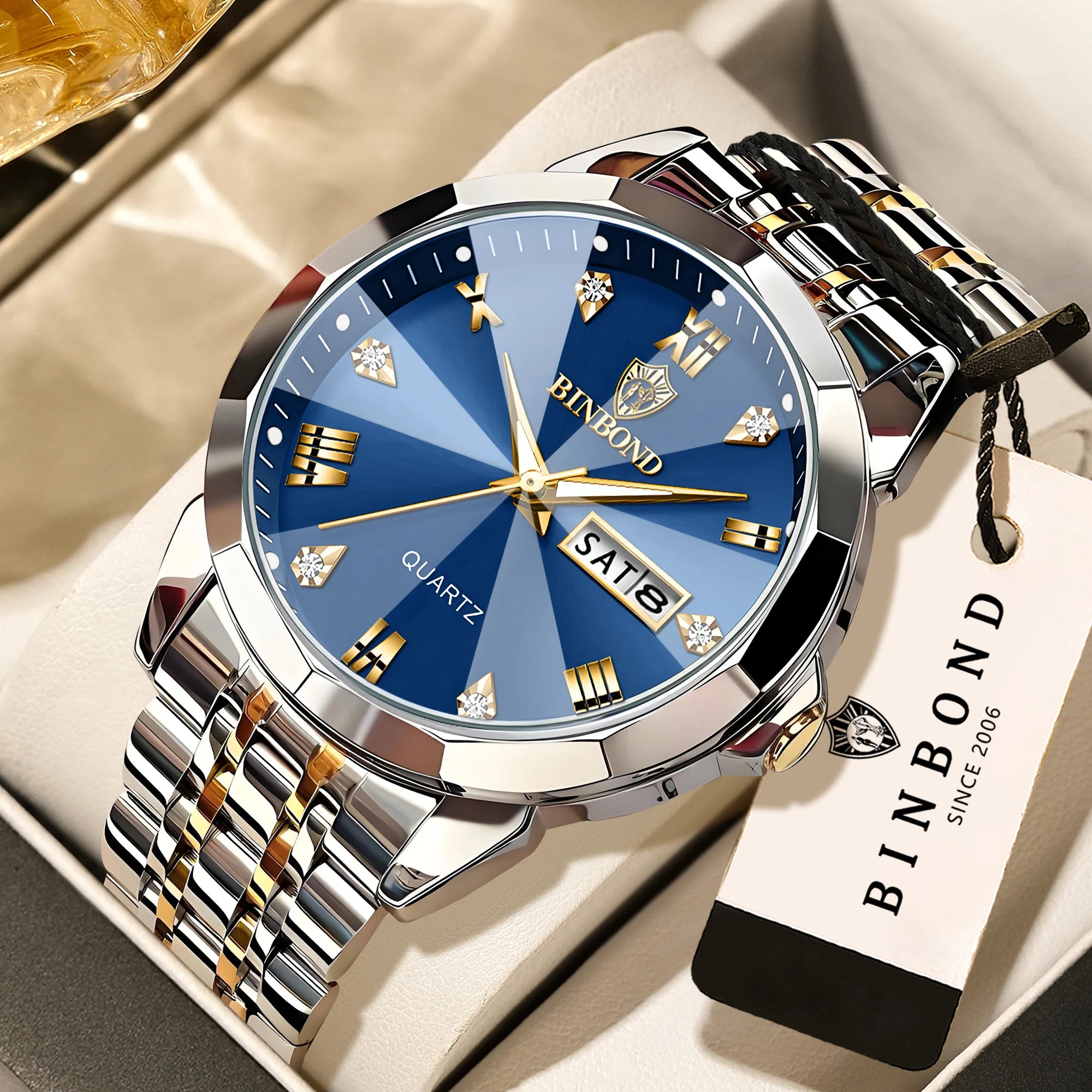 BINBOND Taper Glass Luxury Quartz Wristwatches For Men Luminous Waterproof Precise Durable men's Watch Stainless Steel Reloj