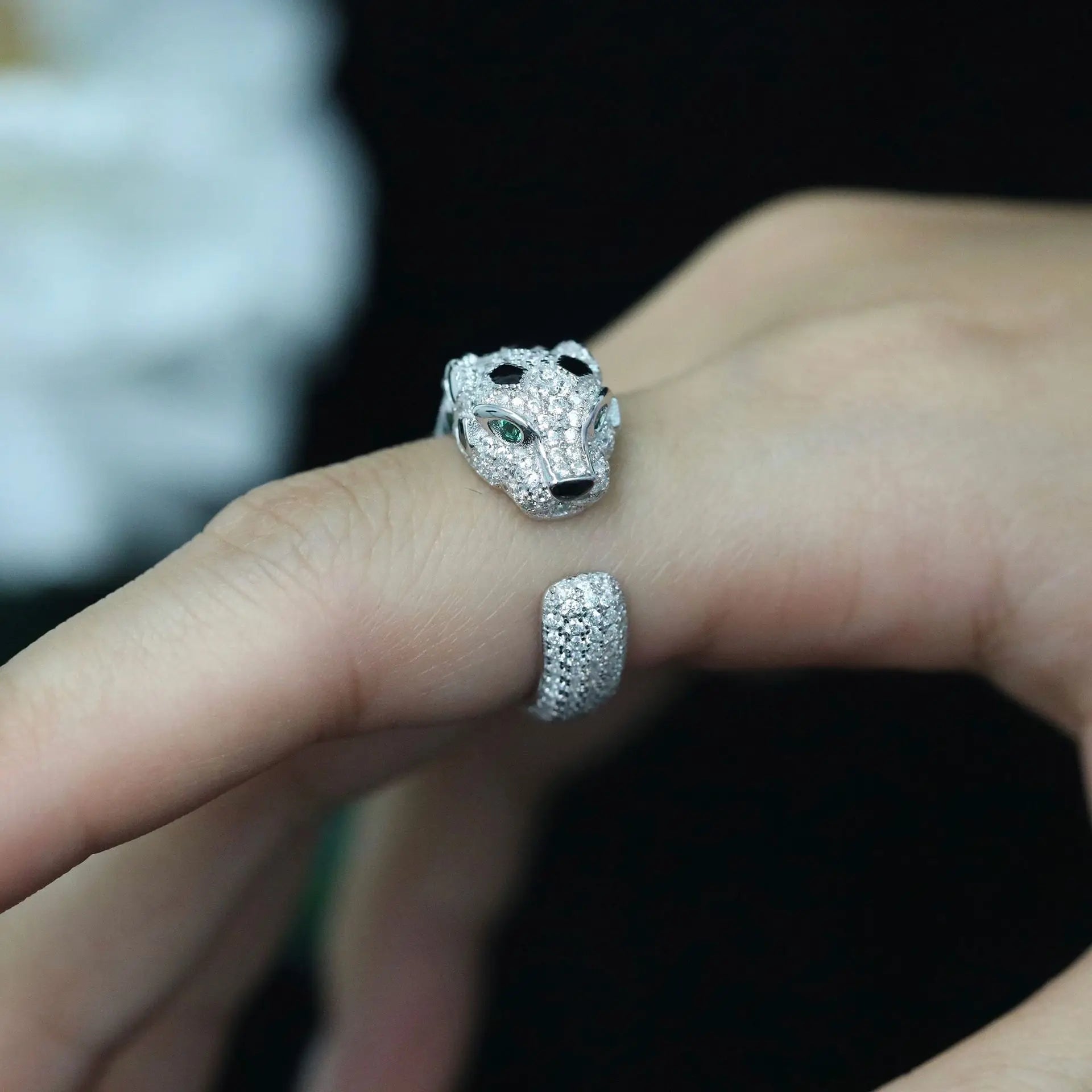 925 Sterling Silver Black Enamel Spot Full CZ Carbon Diamond Panther Leopard Open Rings Luxury Designer Jewelry for Men or Women