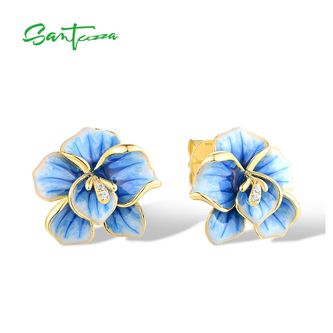 SANTUZZA Real 925 Sterling Silver Earrings For Women White CZ Red Enamel Blossom Flower Wedding Party Elegant Gift Fine Jewelry