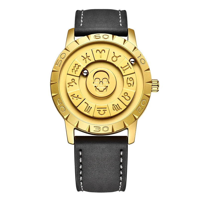 FOXOBOX New Original Luxury Skull Scrolling Pointer Magnetic Force Watch Men Military Sport Waterproof Quartz Wristwatch Clock