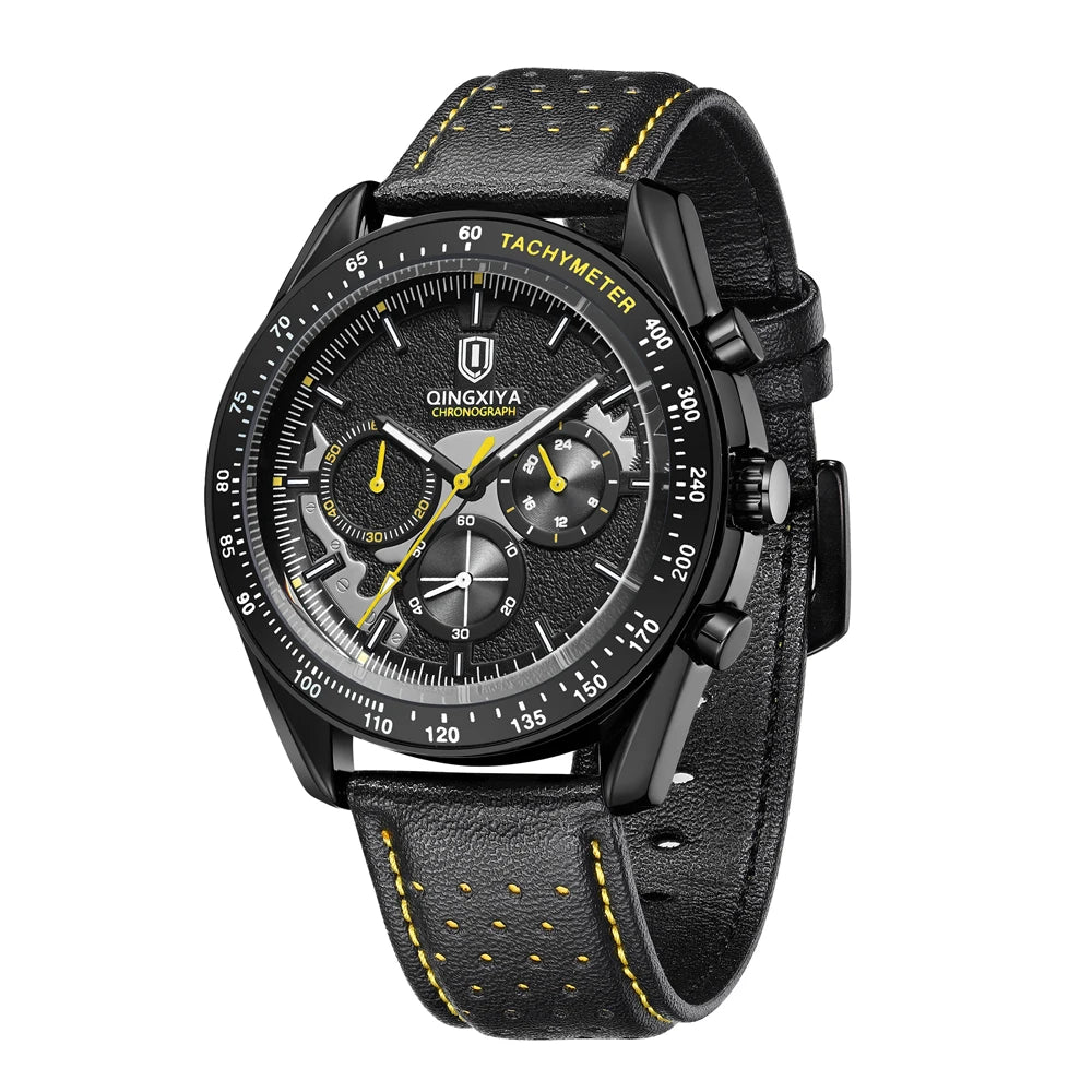 QINGXIYA Watch for Man Fashion Quartz Watch Leather Waterproof Luminous Skeleton Sport Chronograph Watches Mens Reloj Hombre