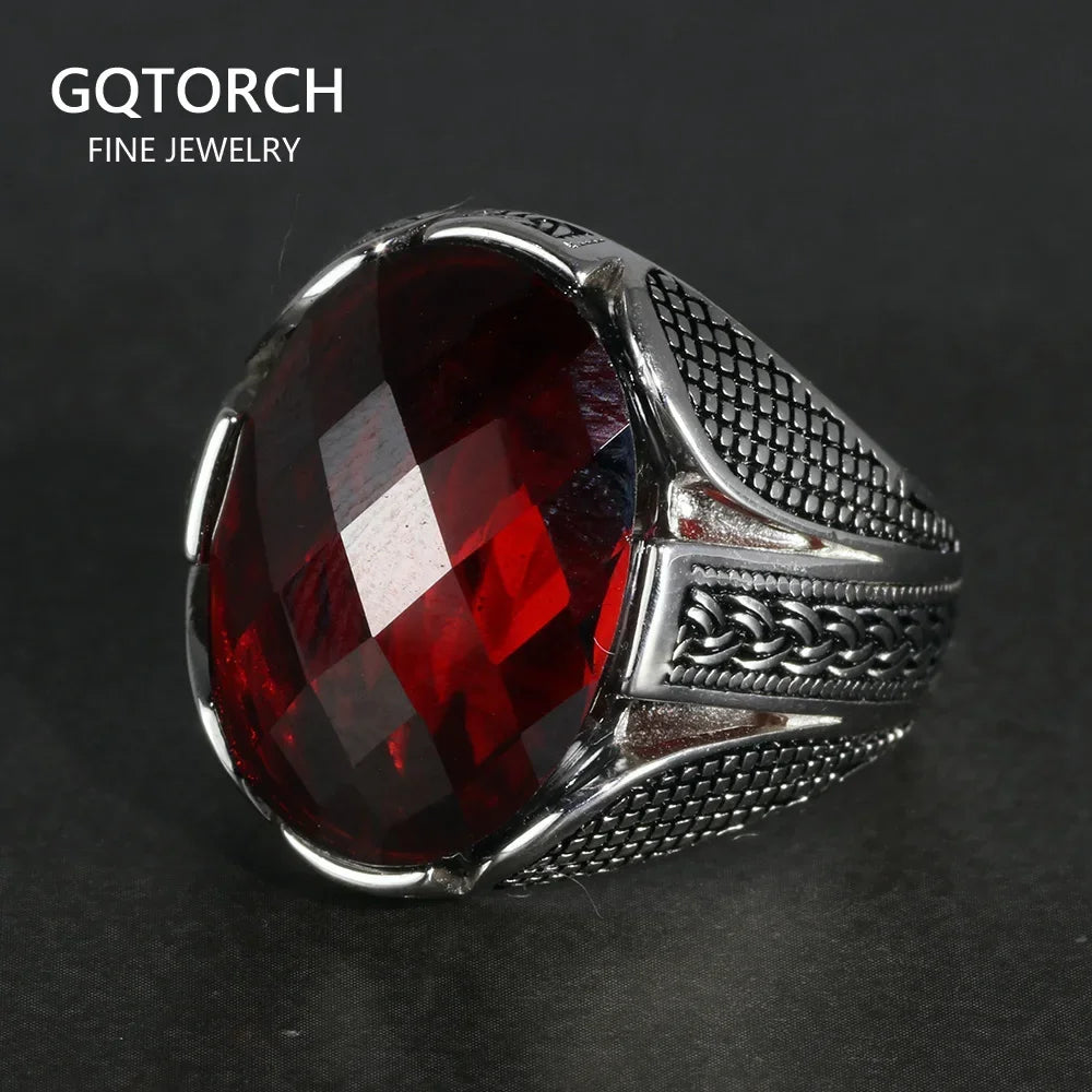 Real Pure 925 Sterling Silver Rings With Red Color Zircon Stone Faceted Wedding Rings For Men Vintage Turkish Jewelry