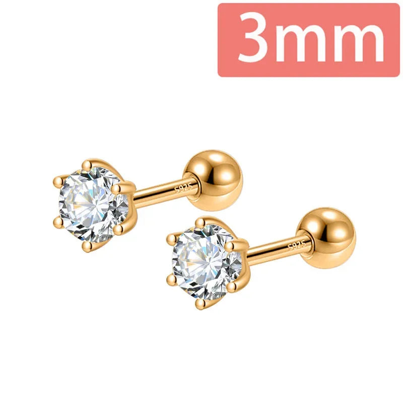 Trustdavis Real 925 Silver Fashion Gold Six Claw 3/4/5mm CZ Screw Stud Earrings for Women Daily Wear Fine Jewelry Gift DA2712