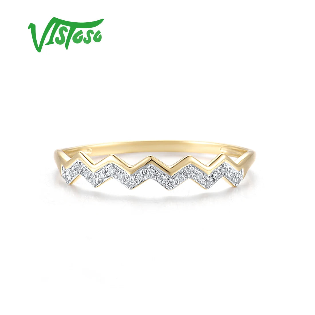 VISTOSO Pure 14K 585 Rose Yellow White Gold Ring For Women Sparkling Diamonds Stackable Engagement Delicate Wave Fine Jewelry