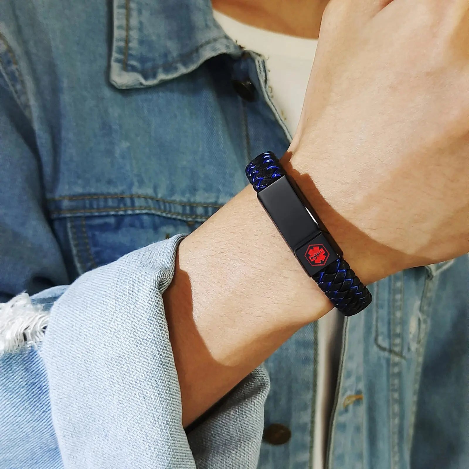 Red Medical Men's Bracelet,Black Genuine Leather ID Bracelet,Type 1/2 Diabetes Alzheimer Epilepsy Customize Bracelet for Dad