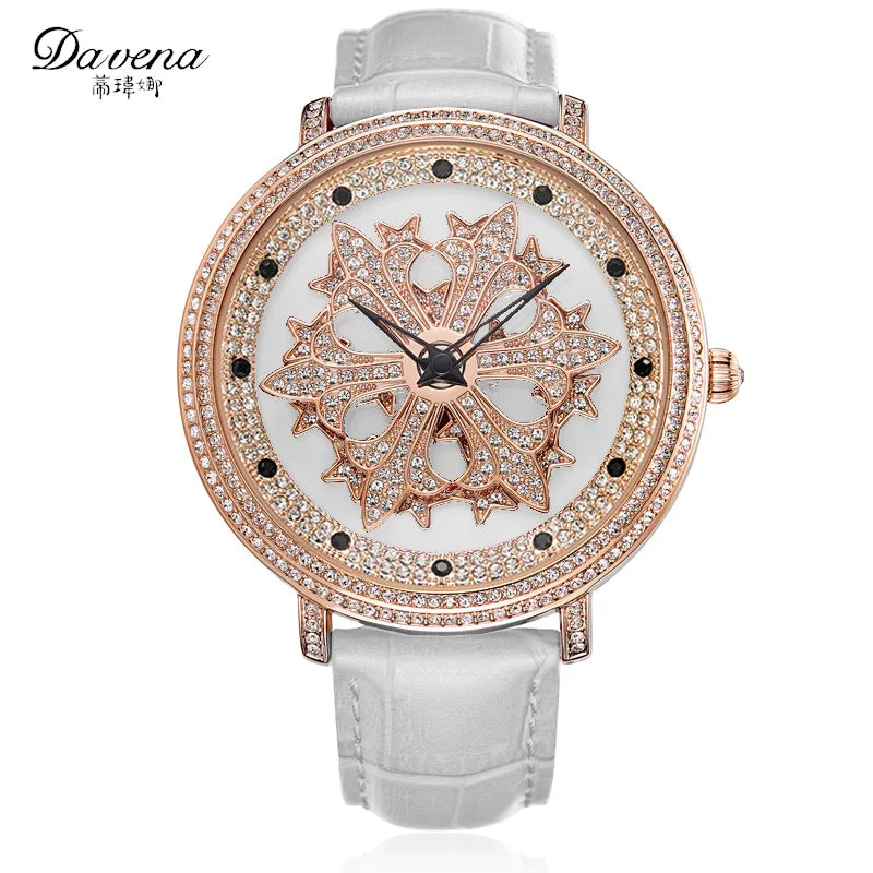 Davena Lady Women's Watch Spin Crystal Rhinestones Hours Fashion Real Leather Bracelet Luxury Girl's Birthday Gift Box