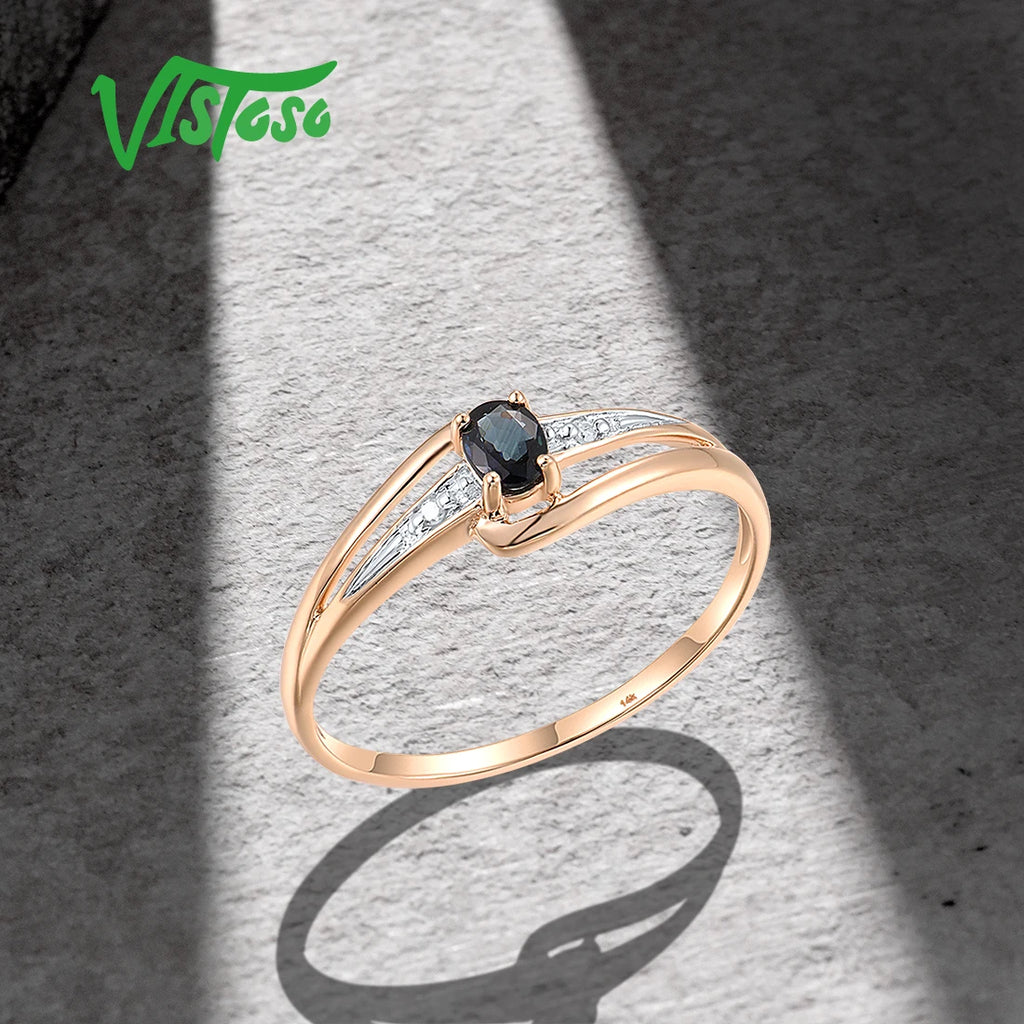 VISTOSO Authentic 14K 585 Rose Gold Solitaire Ring For Women Genuine Diamond Blue Sapphire Minimalist Daily Fine Fashion Jewelry