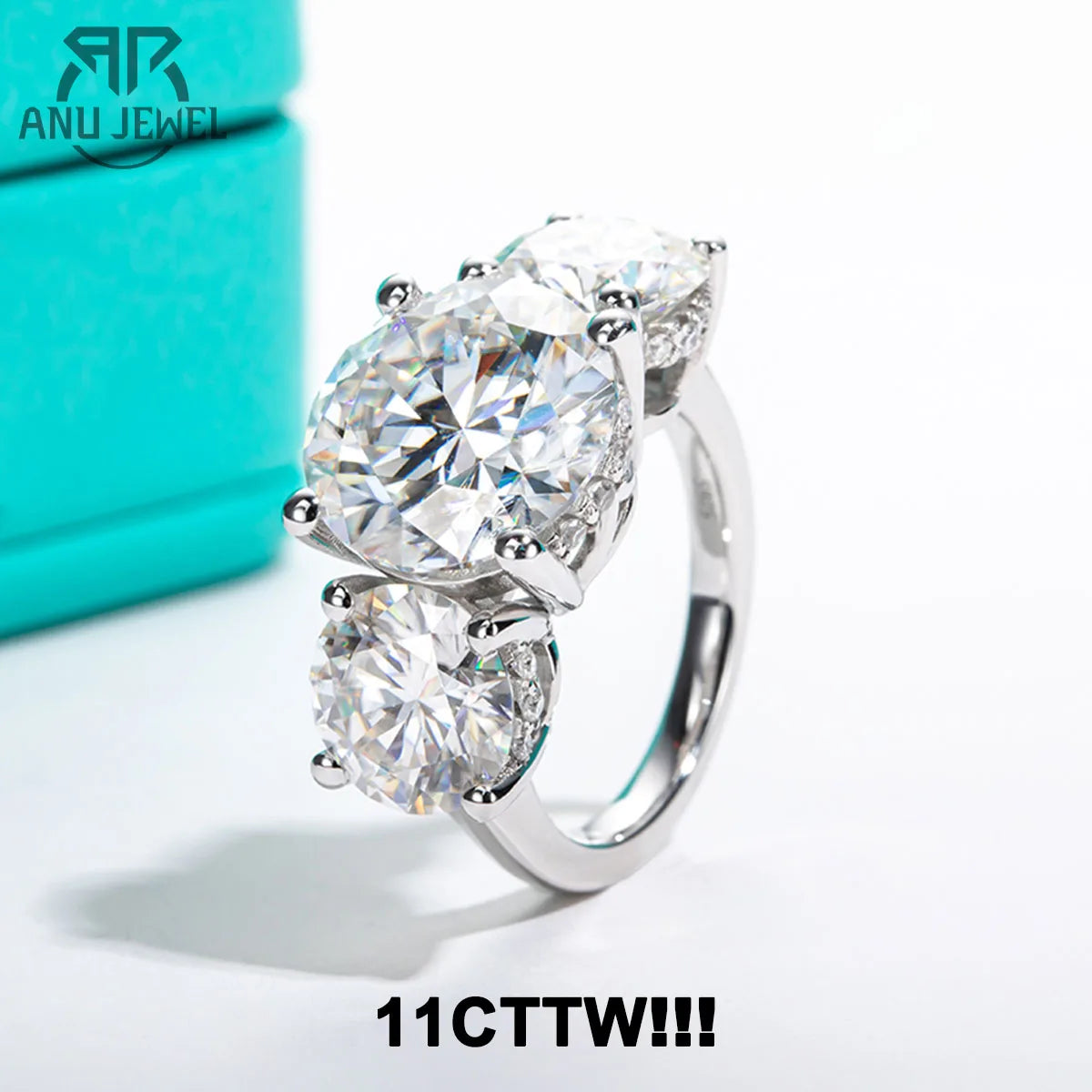 AnuJewel 11cttw D Color Moissanite Diamond Luxurious Engagement 925 Sterling Silver Ring For Women 3 Stone Ring Customs Jewelry