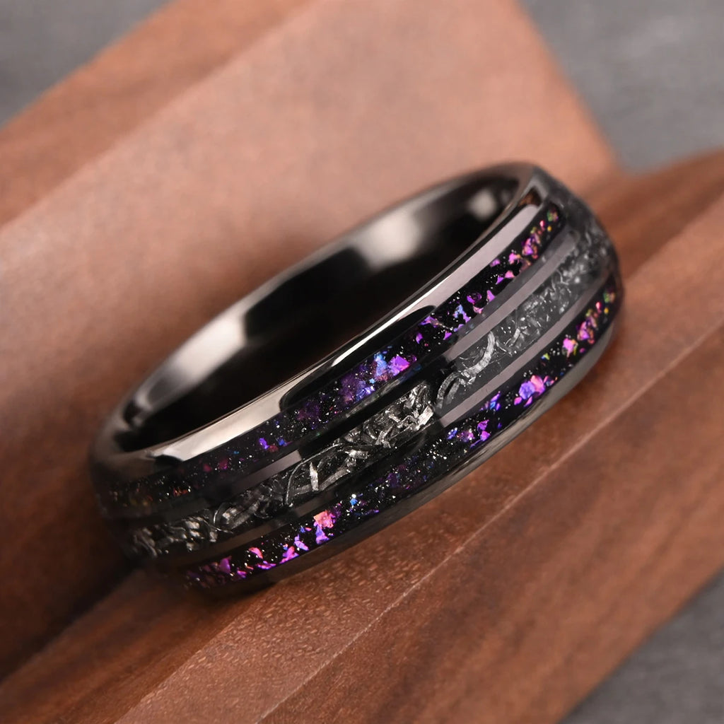 8mm Black Tungsten Carbide Ring Men's Wedding Bands, Inlaid With Meteorite Amethyst Fashion Jewelry Engagement & Wedding Ring