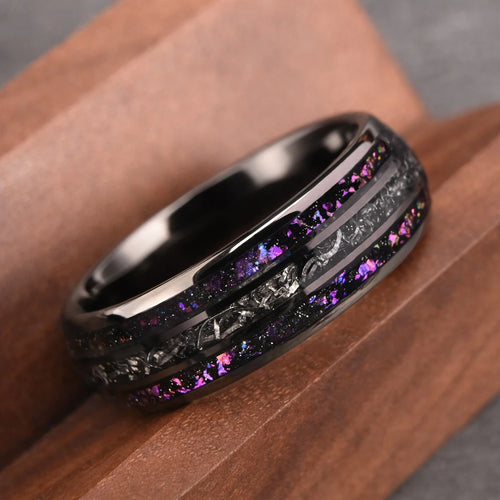 8mm Black Tungsten Carbide Ring Men's Wedding Bands, Inlaid With Meteorite Amethyst Fashion Jewelry Engagement & Wedding Ring