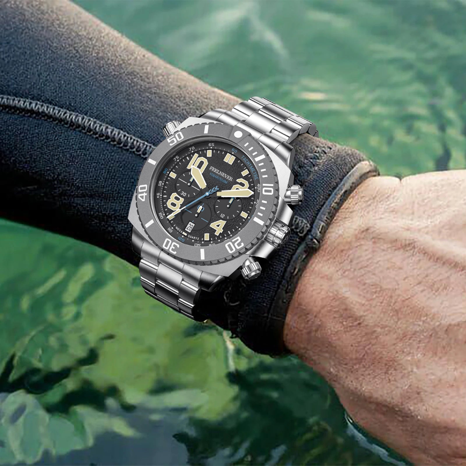 FeelNever Sport Automatic Movement Quartz Watch Stainless Steel Sapphire Crystal Watches Men 500M Waterproof Clocks Reloj Hombre