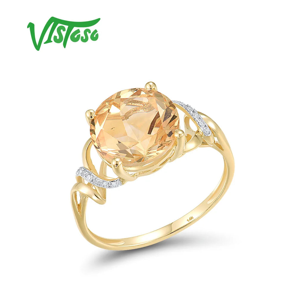 VISTOSO Genuine 14K 585 Yellow Gold Ring For Women Sparkling Diamond Citrine Attractive Wedding Engagement Dalicate Fine Jewelry
