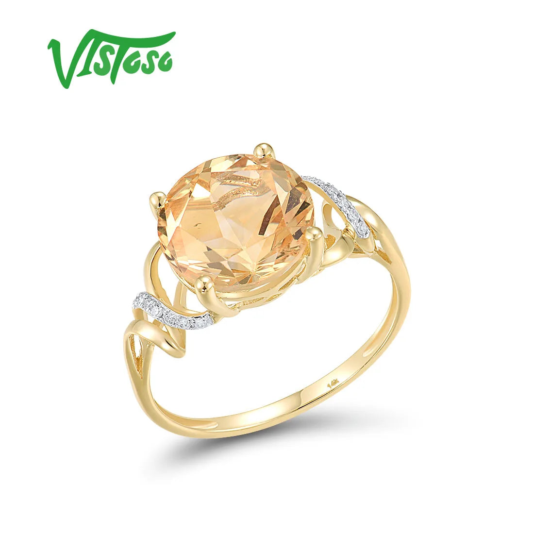 VISTOSO Genuine 14K 585 Yellow Gold Ring For Women Sparkling Diamond Citrine Attractive Wedding Engagement Dalicate Fine Jewelry