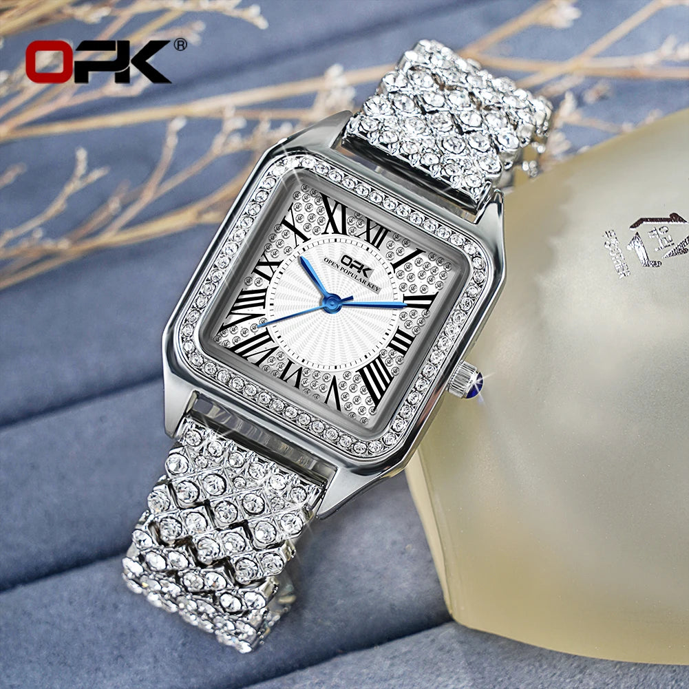 OPK Brand Full Diamond Waterproof Roman Scale Steel Belt Ladies Quartz Watch 8619