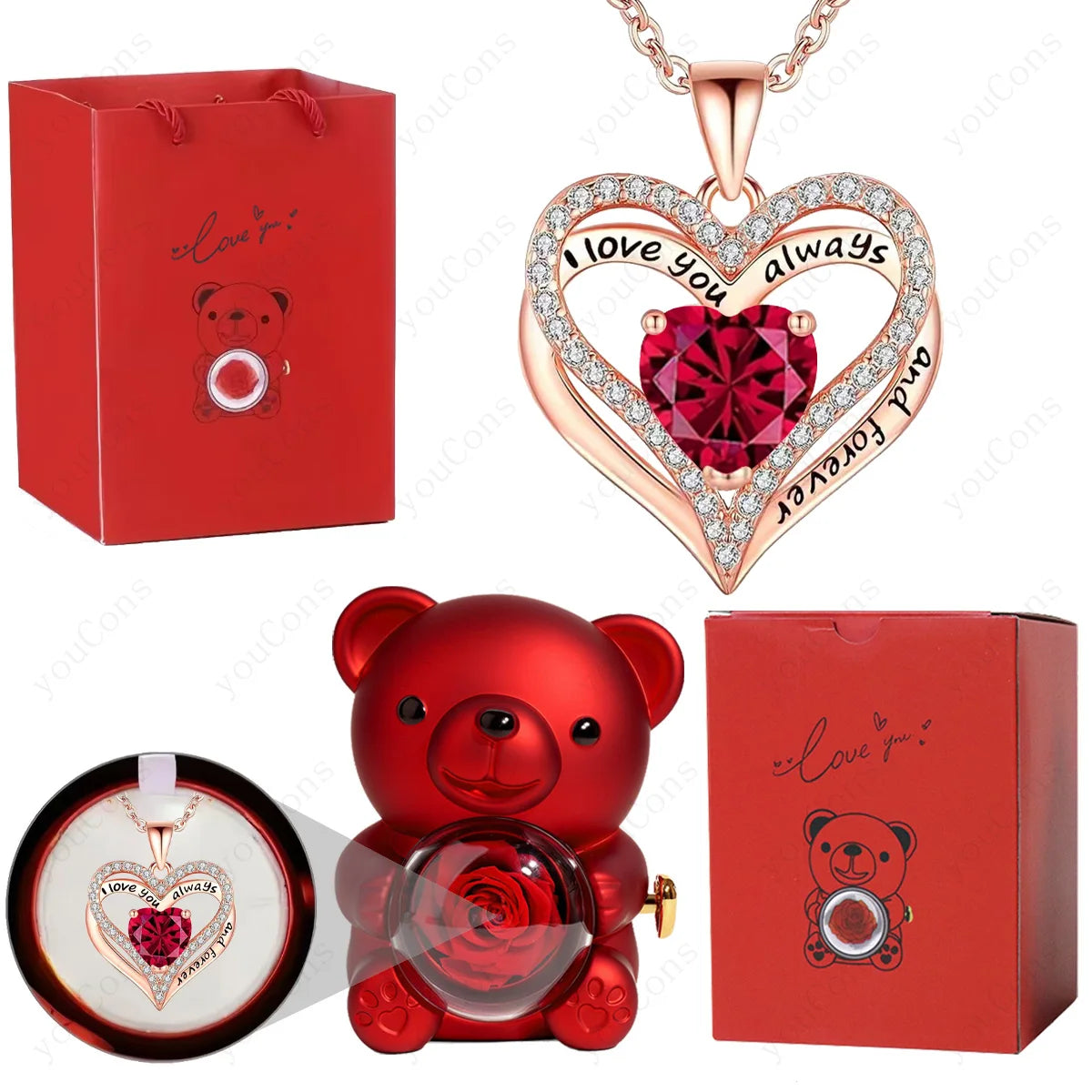 Red Heart Pendant Necklaces With Cute Bear Rose Gift Box For Women Mother Day 2026 Christmas Valentine Wedding Birthday Jewelry