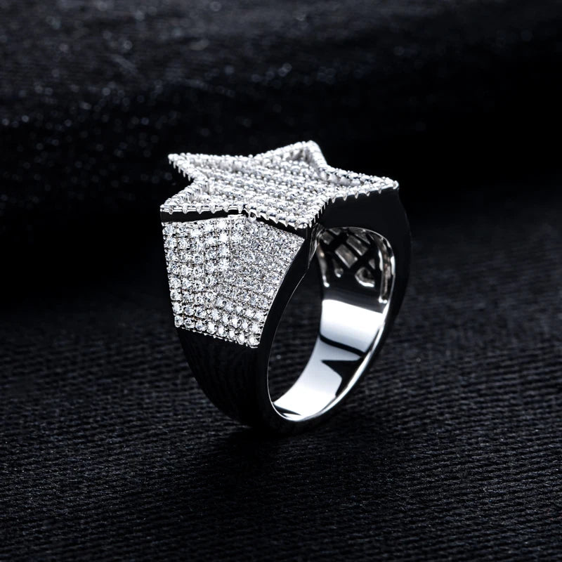 MossanRappr 1.54cttw New Moissanite Iced out Pentagram Ring 14K Gold Plated Hip Hop Ring Heavy Metal Fine Jewelry Gifts for Men