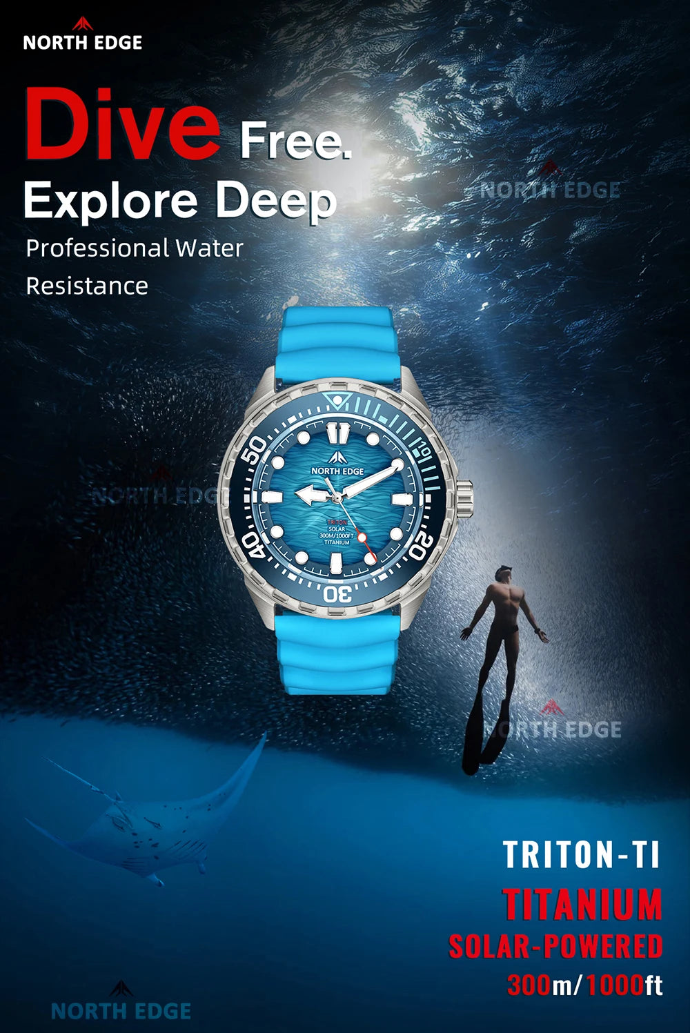 NORTH EDGE TRITON-TI Titanium Solar-Powered Diving Watch High Quality Quartz Watches for Man NEW 300M Waterproof Men Watch Reloj