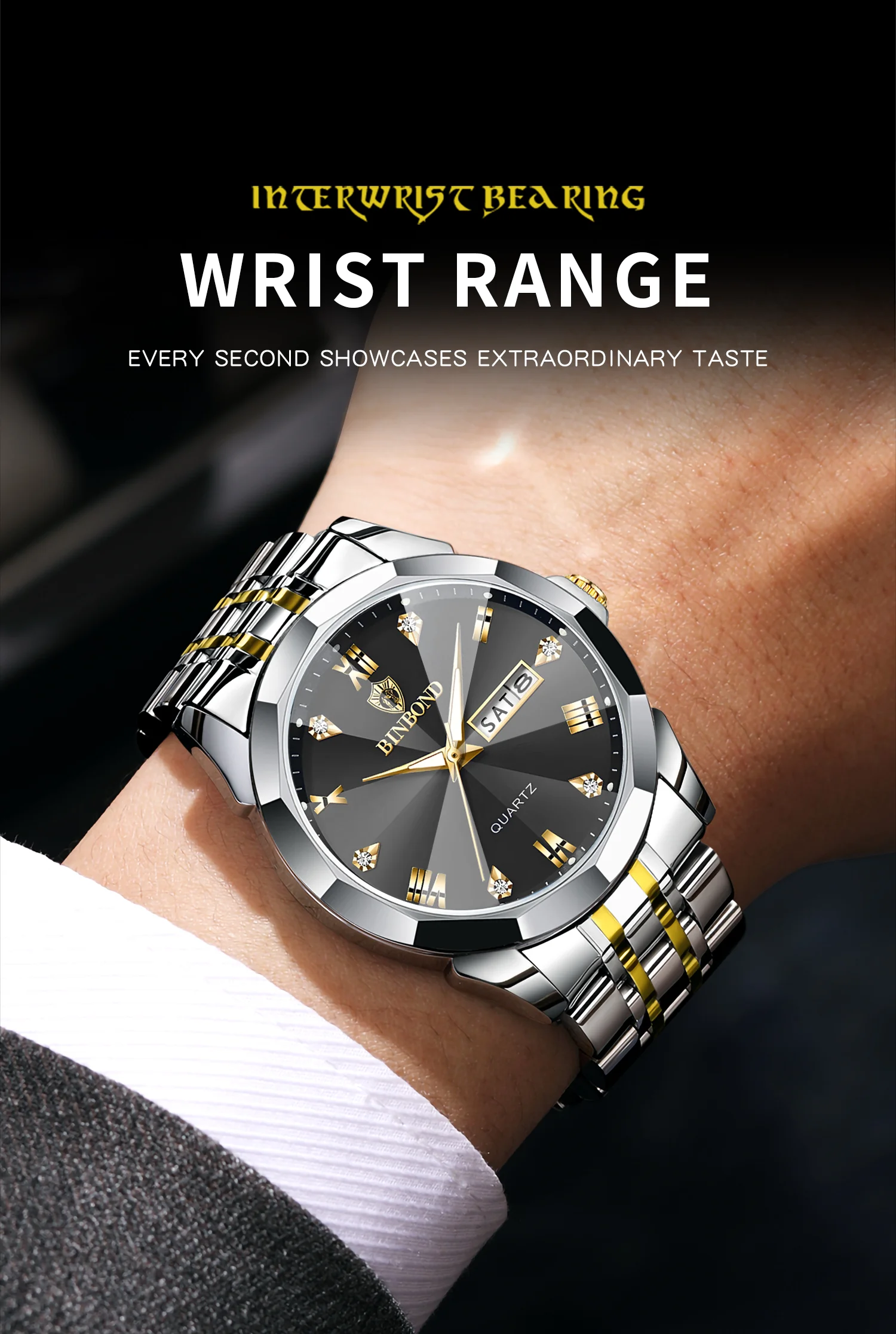 BINBOND Taper Glass Luxury Quartz Wristwatches For Men Luminous Waterproof Precise Durable men's Watch Stainless Steel Reloj