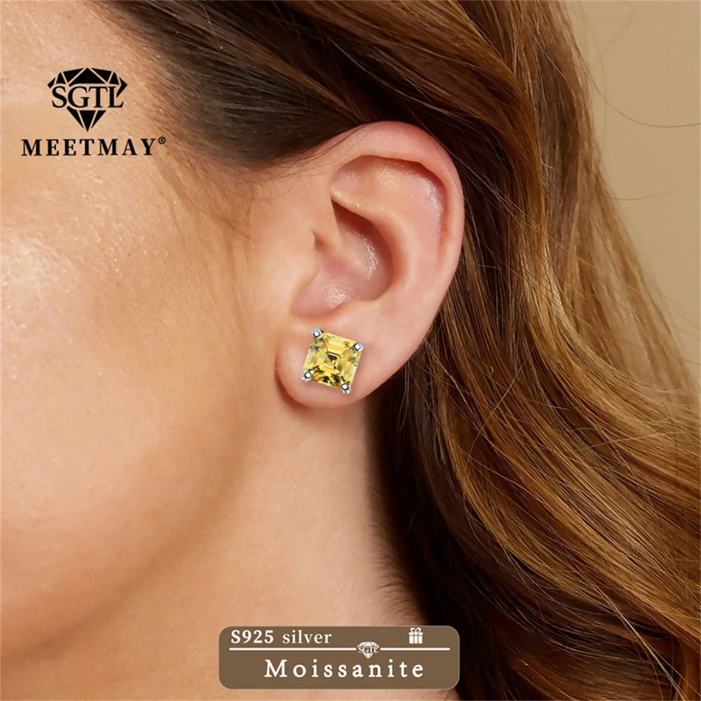 GRA Certified S925 sterling silver four-prong stud earrings Asscher Cut Moissanite earrings for women fine jewelry Free gift box
