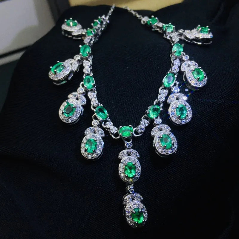S925 Sterling Silver Inlay 3x4mm Natural Emerald Wing Pendant Necklace for Women Fashion Fine Charm Weddings Jewelry