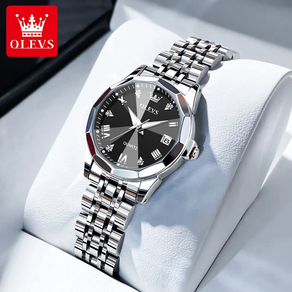 OLEVS Women Watches Elegant Luxury Stainless Steel Strap Original Quartz Wristwatch for Man Waterproof Luminous Date Trend Dress