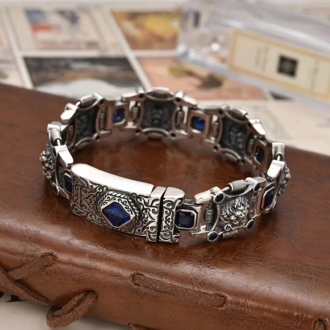 New China-Chic Men's Personality Lion Hegemony Bracelet Wide Edition Blue Diamond Bracelet Jewelry