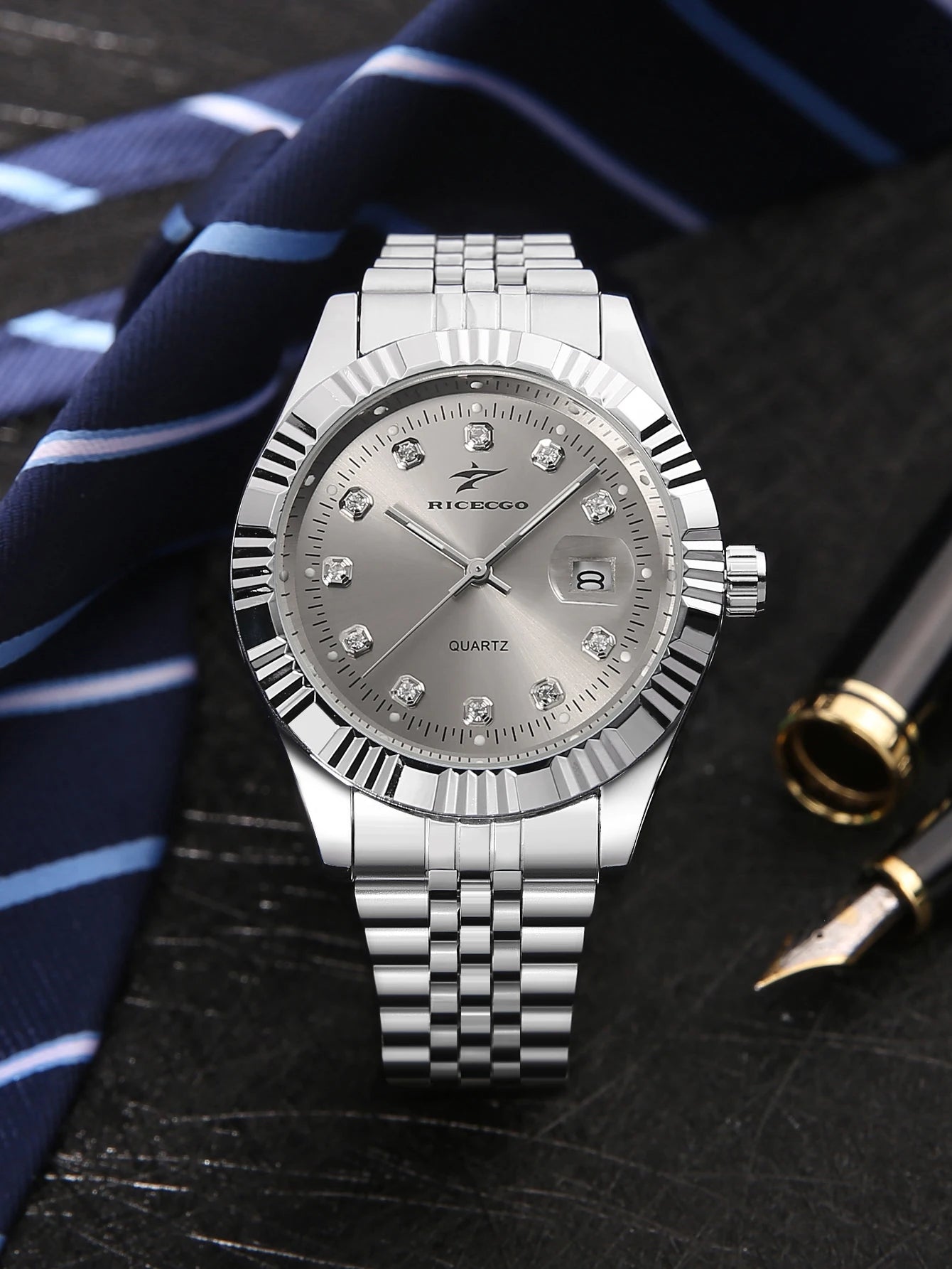 Business men's quartz wristwatch calendar display with diamonds showcases unique taste, making it the perfect gift for him