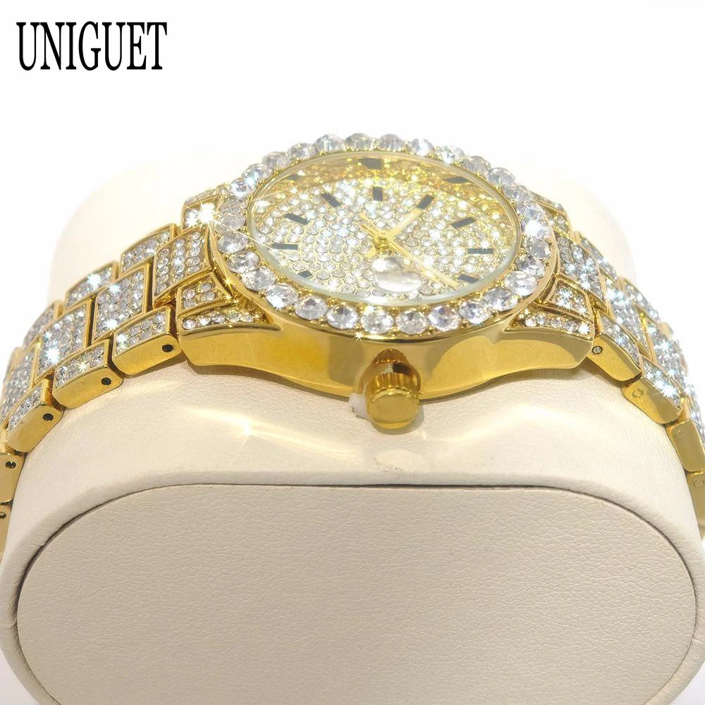 Hot Luxury Jewelry Watch For Women's UNIGUET Fashion Small Pink Dial Hip Hop Iced Diamond Quartz Wristwatch Small Size For Women