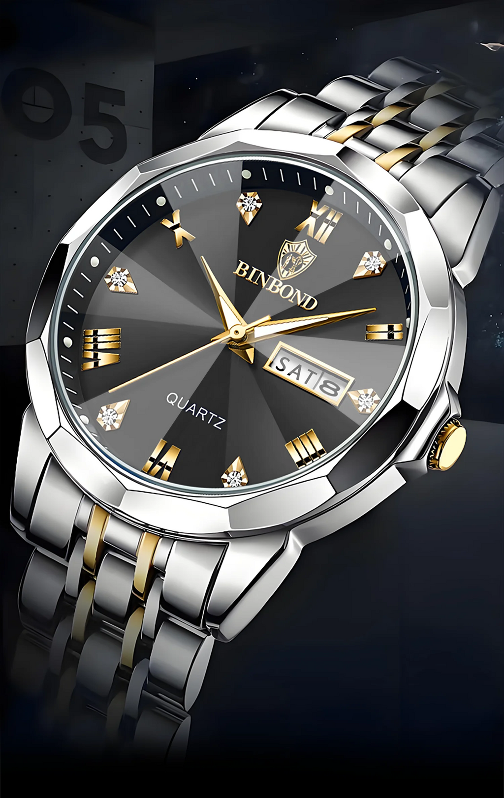 BINBOND Taper Glass Luxury Quartz Wristwatches For Men Luminous Waterproof Precise Durable men's Watch Stainless Steel Reloj