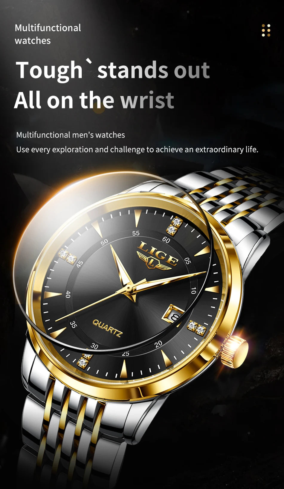 LIGE Luxury Quartz Wristwatches Mens Watch Stainless Steel Watches Luminous Date Waterproof Outdoor Diving Sports Watch reloj