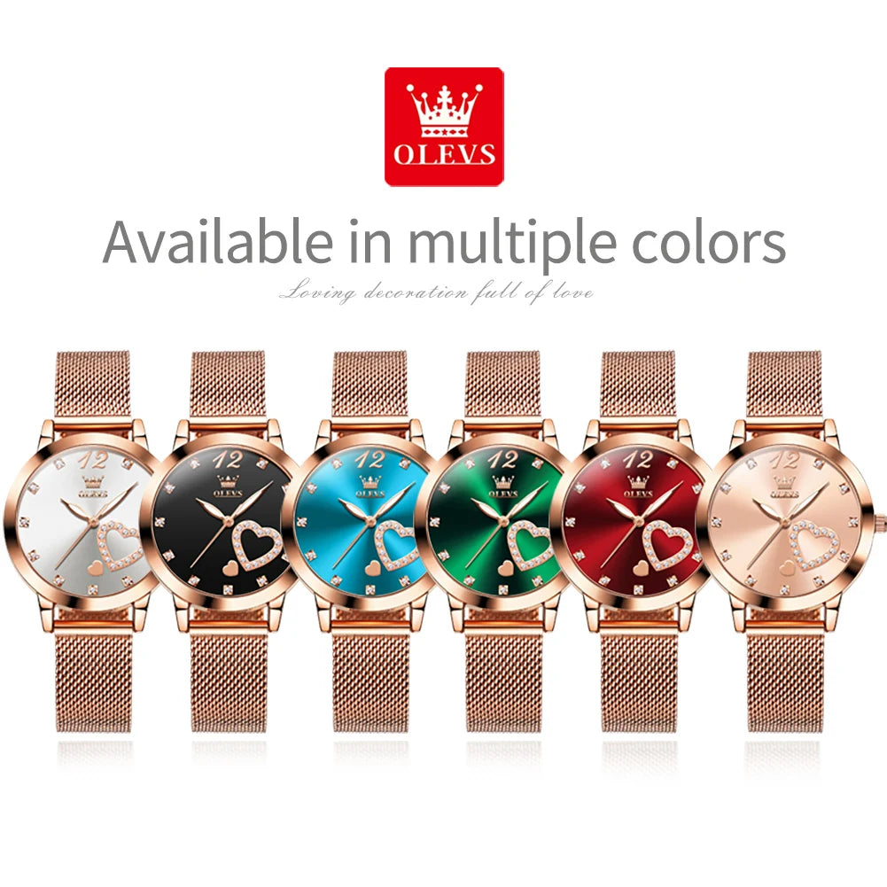 OLEVS 5189 Women's Watch Quartz Wristwatch Casual Fashion Watch for Ladies Waterproof Luminous Mesh Belt Love Dial Zircon Scale