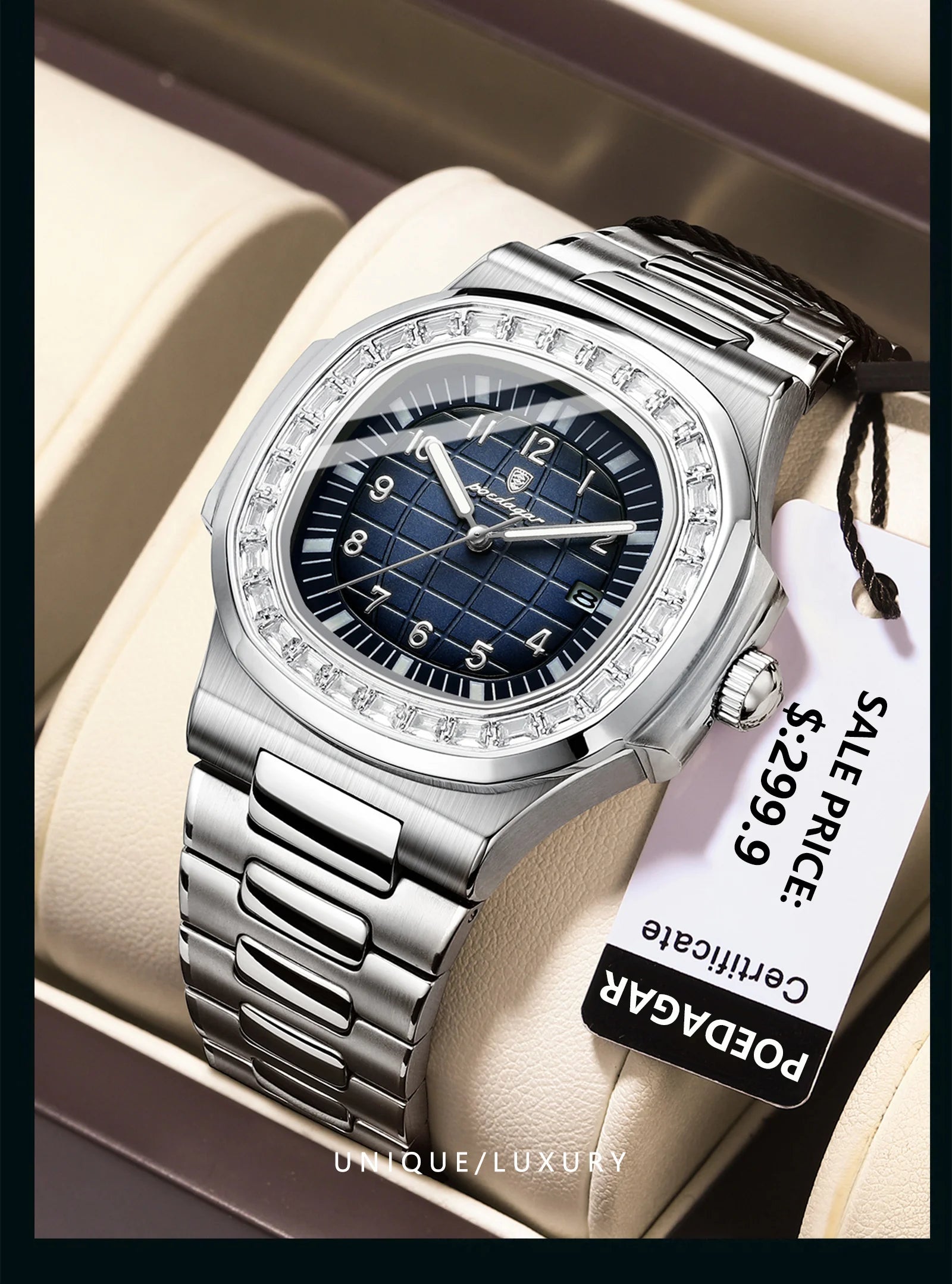 POEDAGAR Luxury Square Watches for Men Waterproof Luminous Date Man Wristwatch Stainless Steel Fashion Men's Quartz Watch Reloj