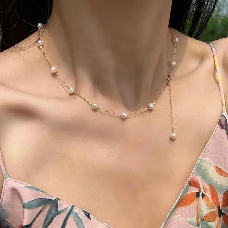 NYMPH Solid 18K Gold Natural Pearl Necklace Au750 Fine Jewelry Chocker  Round Aniversary Gift For Women White X536