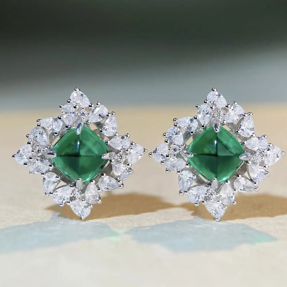 Luxury white gold solid platinum PT950 Earrings Women's Sugar Tower Emerald Luxury Full Diamond Inlaid Earrings Banquet Style