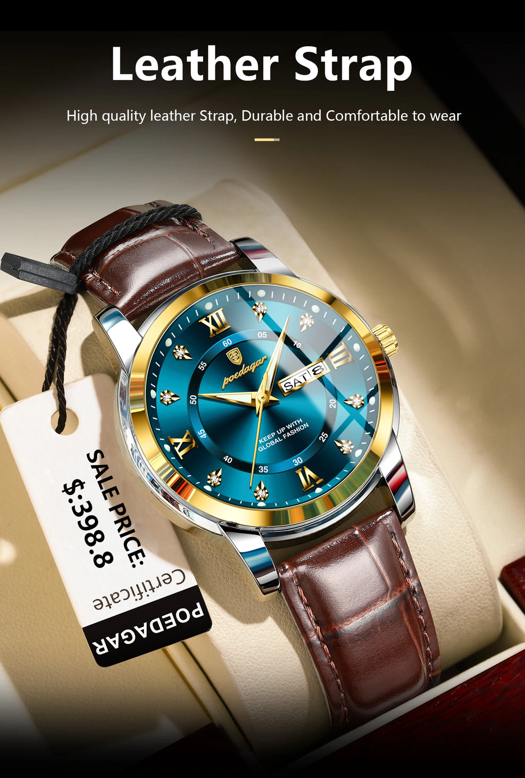 POEDAGAR Top Luxury Man Watch Date Week Waterproof Luminous Leather Men Wristwatch Casual Male Clock Sports Men's Quartz Watches