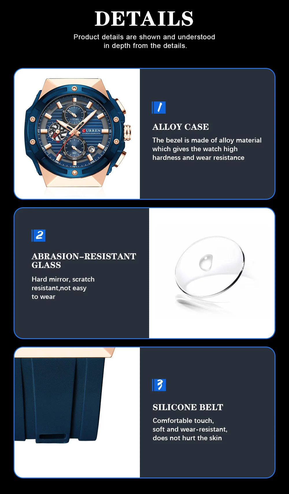 CURREN Classic Brand Men's Wristwatches Casual Business Quartz Silicone Watches with Luminous Hands Chronograph Dial