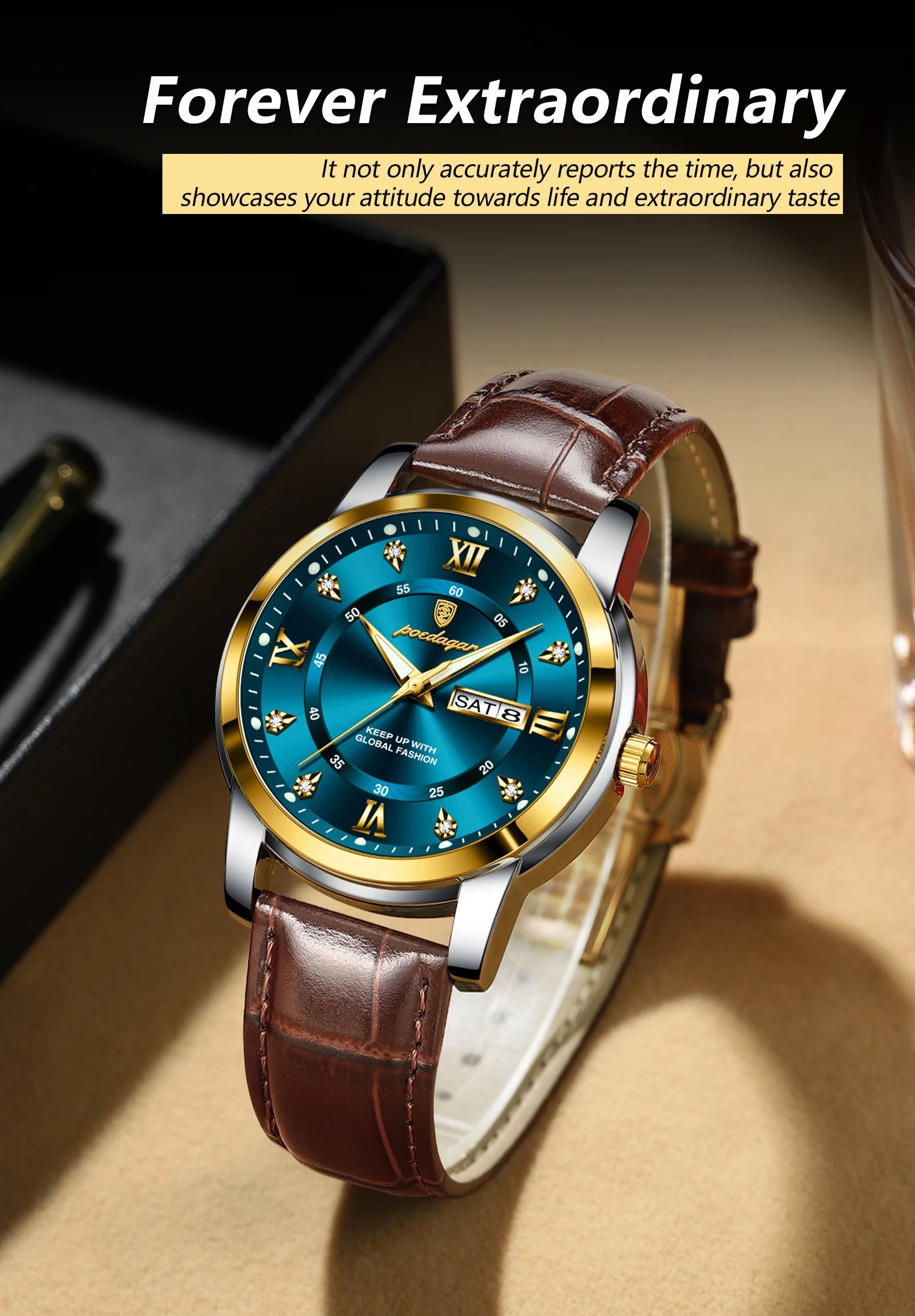 POEDAGAR Top Luxury Man Watch Date Week Waterproof Luminous Leather Men Wristwatch Casual Male Clock Sports Men's Quartz Watches