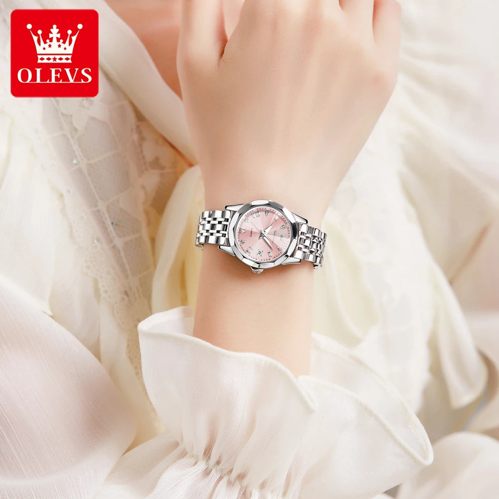 OLEVS Women Watches Elegant Luxury Stainless Steel Strap Original Quartz Wristwatch for Man Waterproof Luminous Date Trend Dress