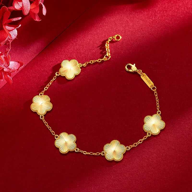 Women 9999 24K Real Gold Light Luxury Super Flash Plum Blossom Set Fashionable Female Plum Blossom Bracelet Necklace Earring Set