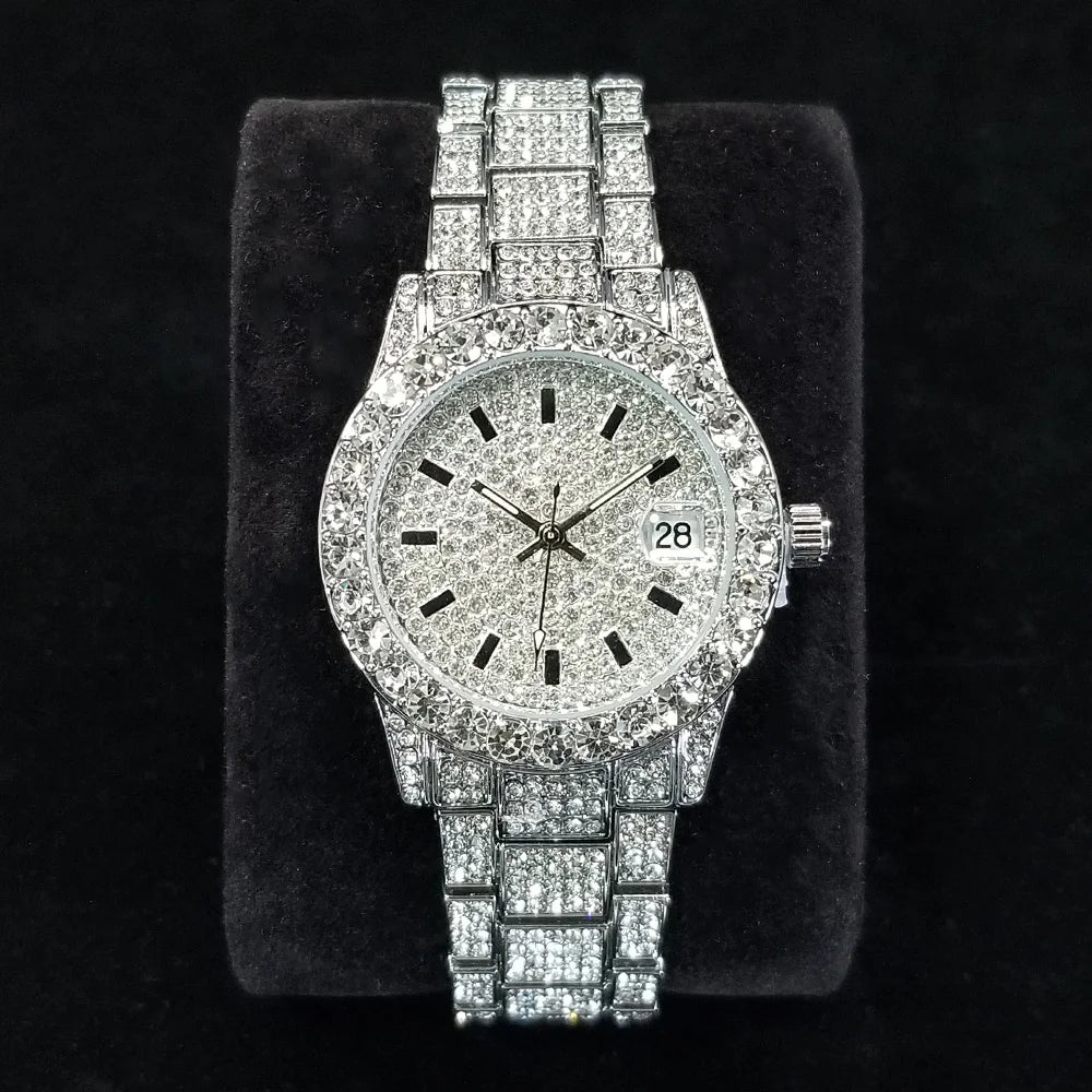 Elegant Diamond Watches Female Fashion Silver Round Stainless Steel Quartz Watch Iced Out Shiny Waterproof Clock Gift for Women