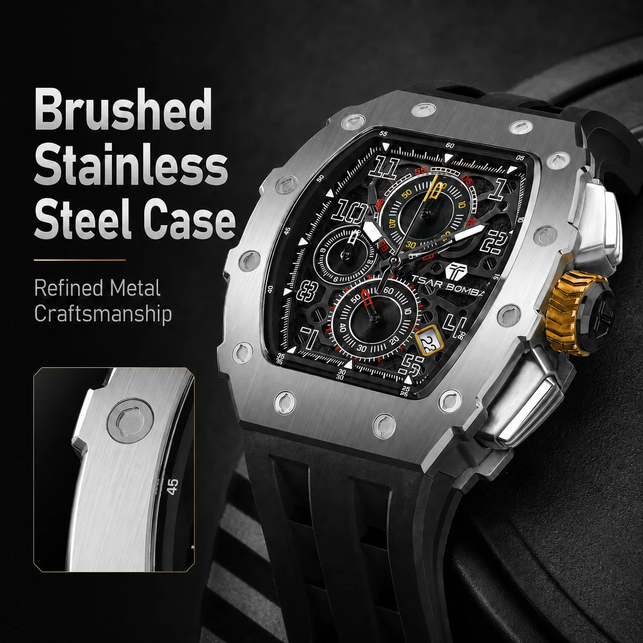 TSAR BOMBA Luxury Tonneau Quartz Watch for Men Japanese Movement, Stainless Steel Case,  Elegant Dress Wristwatch