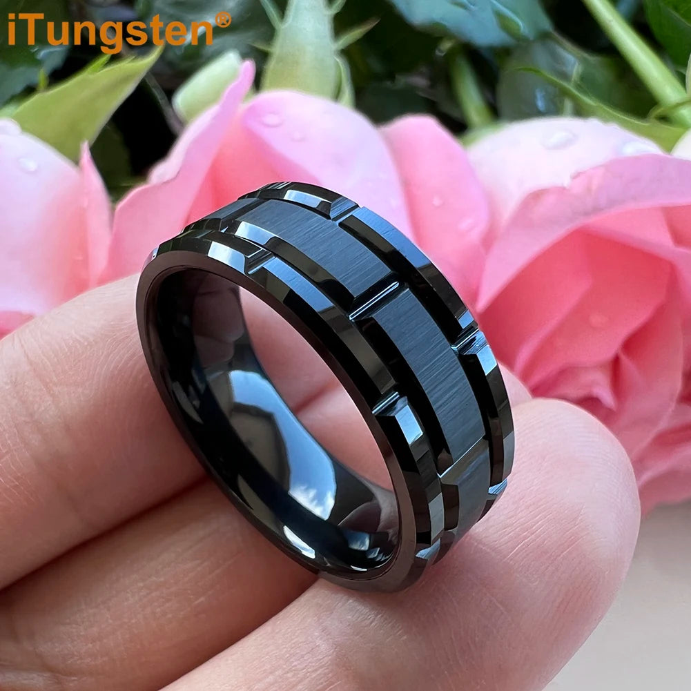 iTungsten 8mm Mens Tungsten Wedding Ring Brick Pattern Black Plated Brushed Finish Engagement Band Comfort Fit