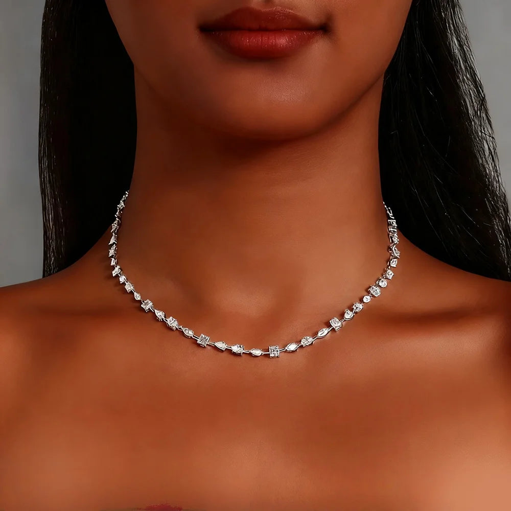 TEMGF Full Irregular Moissanite Chokers Necklaces 925 Silver Tennis Chain for Women Banquet Bridal Wedding Luxury Shiny Jewelry