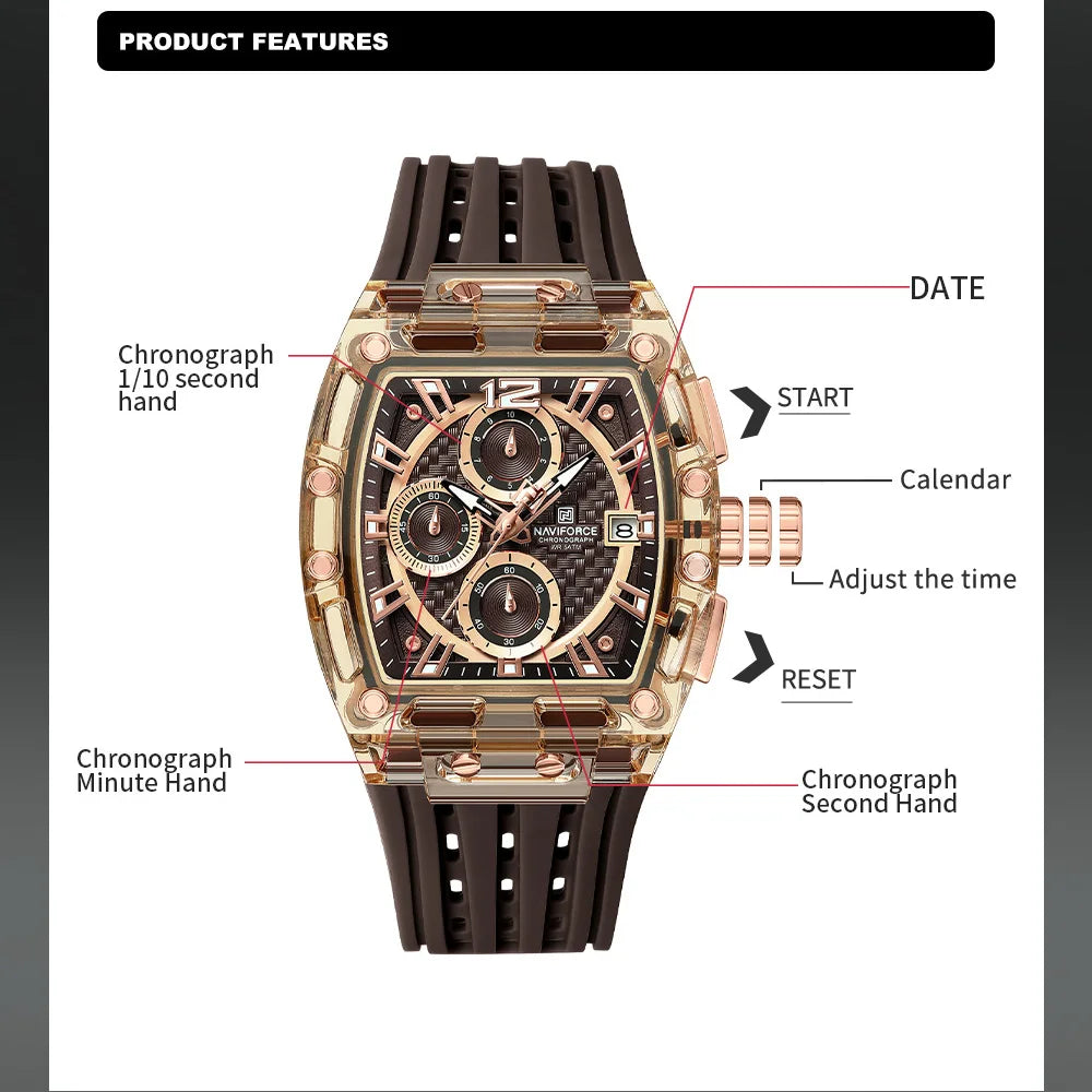 High Quality NAVIFORCE Watches for Man Silica Strap 50M Waterproof Sport Male Clock Casual Quartz Date Display Men's Chronograph