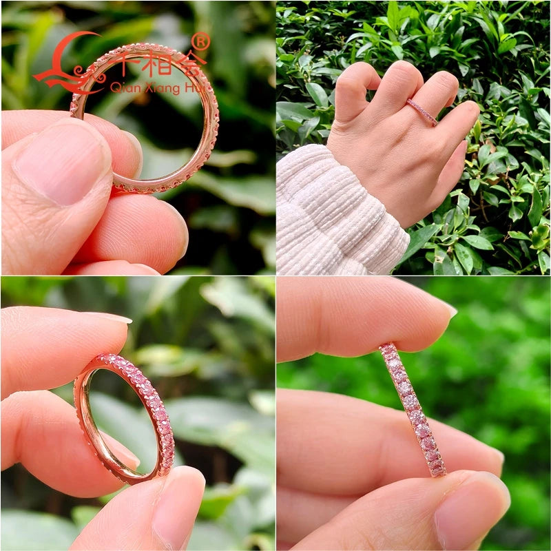 Pink Color 2mm Round Moissanite Full Eternity Ring Band Yellow / Rose Gold Plated S925 Silver Diamond Engagement Jewelry